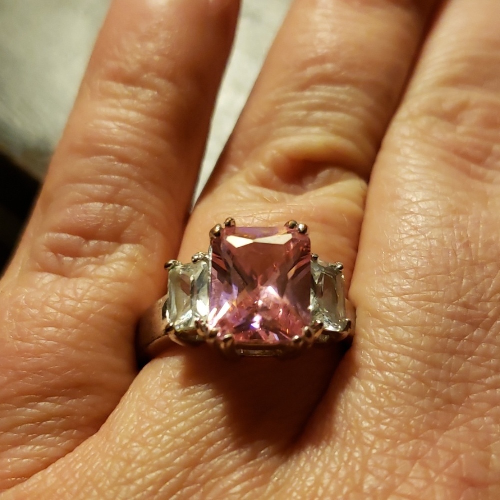Pink Ice & CZ Silver plated ring Size 7